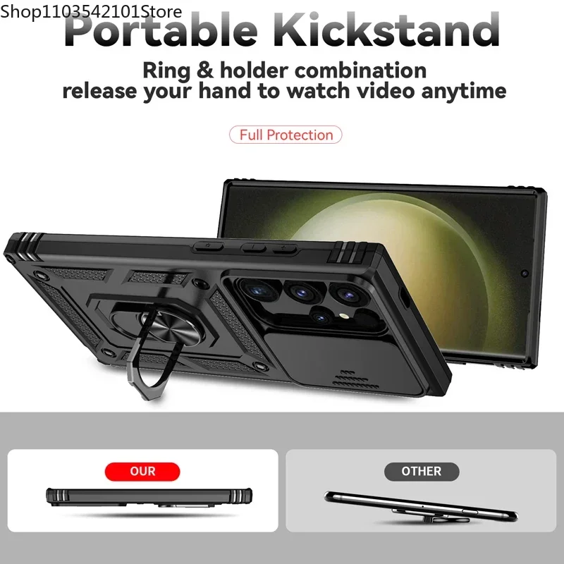 Ring Stand Rotating Slide Camera Lens Military Grade Armor Case For Samsung Galaxy S24 S23 S22 S21 FE S20 Note 20 Ultra M53 M33 - Image 5